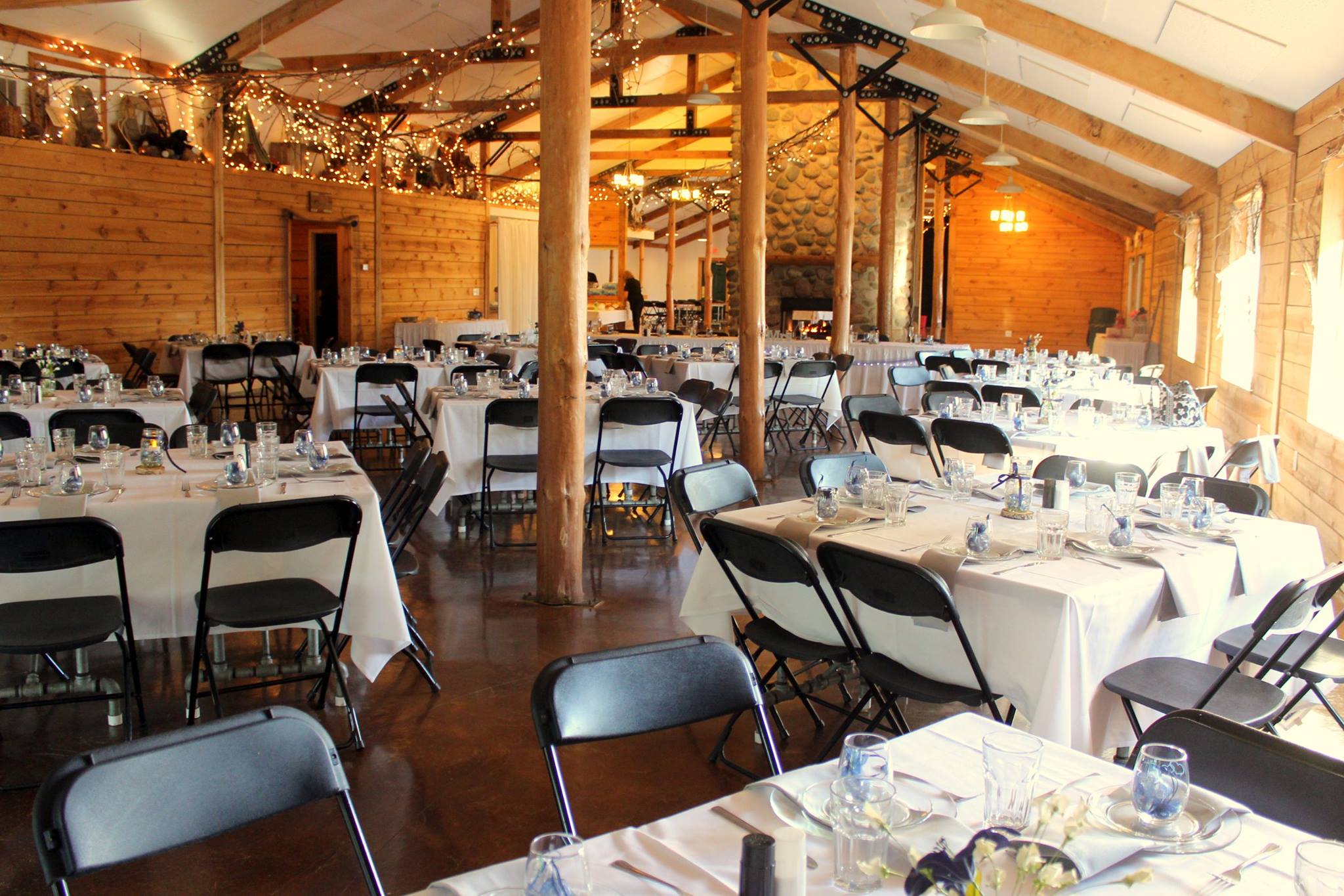 Williams Tree Farm barn venue set up for a reception with string lights